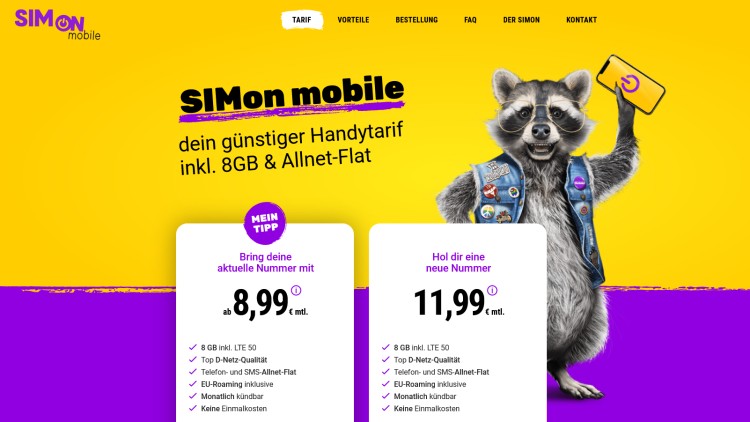SIMon mobile Handytarif mit 8GB Daten und Allnet-Flat