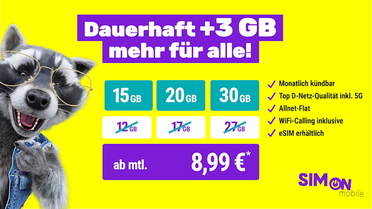 SIMon mobile: Dauerhaft 3 GB Datenvolumen zusätzlich für Neu- und Bestandskunden