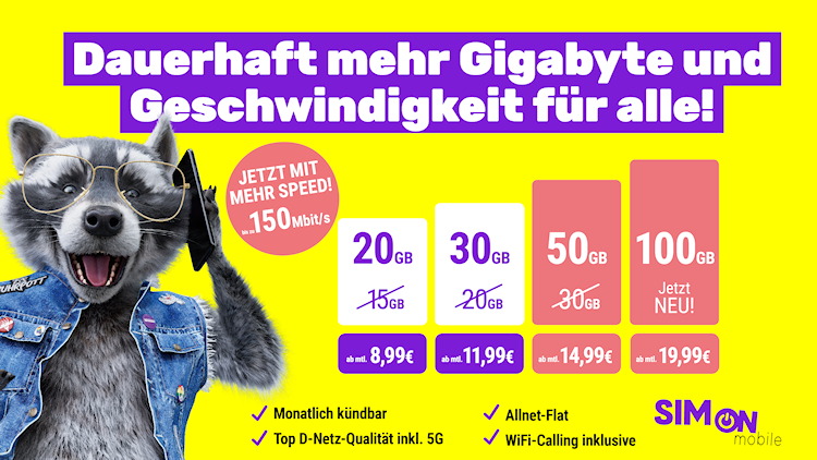 SIMon mobile Tarife mit mehr Datenvolumen
