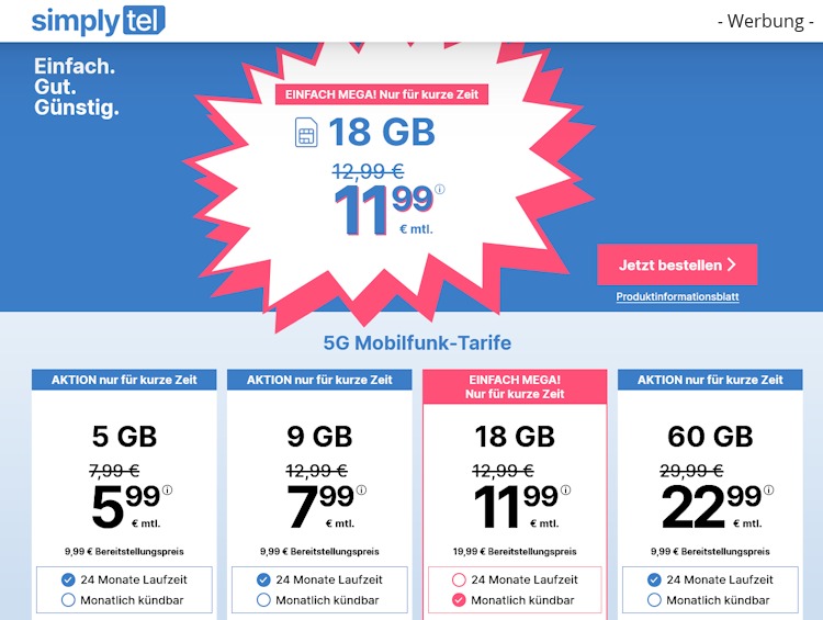 simplytel Allnet Flat 7 + 11 GB für 11,99 Euro