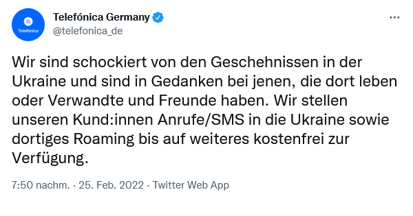 Telefónica Deutschland auf Twitter zu kostenfreien Anrufen und SMS in die Ukraine