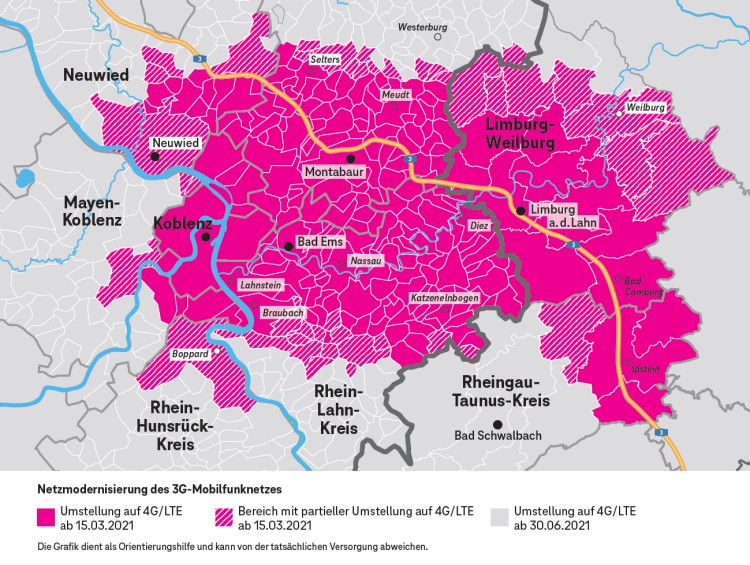 Ab dem 15. März 2021 wird das 3G-Netz der Telekom im Großraum Koblenz-Limburg modernisiert (Bild: Deutsche Telekom) Ab dem 15. März 2021 wird das 3G-Netz der Telekom im Großraum Koblenz-Limburg modernisiert