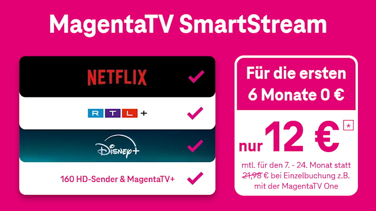 Telekom MagentaTV SmartStream für 12 Euro monatlich - inklusive Netflix, Disney+ und RTL+ (Screenshot: telekom.de) Telekom MagentaTV SmartStream für 12 Euro monatlich - inklusive Netflix, Disney+ und RTL+