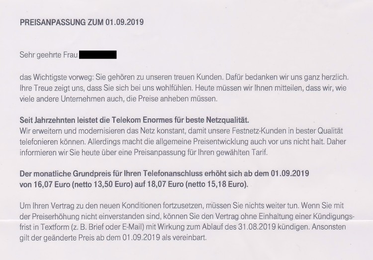 Telekom: Preiserhöhung T-Net (Alt-Tarif) zum 01.09.2019 (Bild: Schreiben an eine Kundin / tarif4you.de) Telekom: Preiserhöhung T-Net (Alt-Tarif) zum 01.09.2019