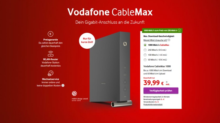 Vodafone Cable Max Angebot im September 2020 (Screenshot: vodafone.de) Vodafone Cable Max
