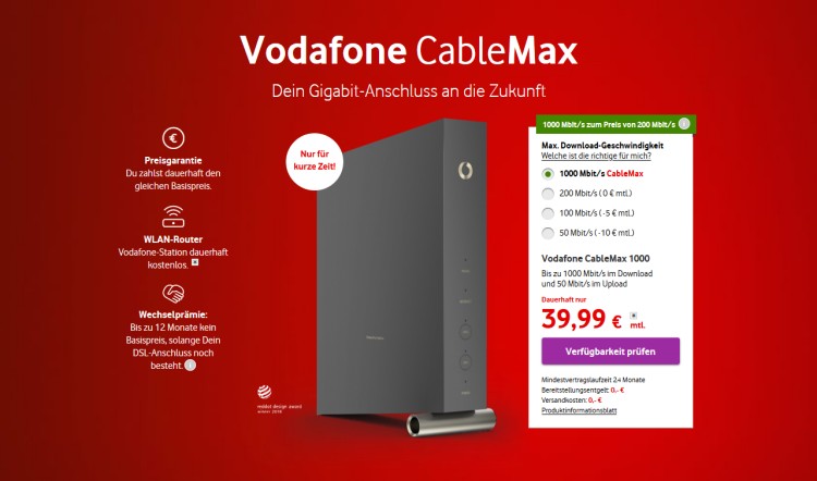 Vodafone GigaCable Max (Screenshot: vodafone.de) Vodafone GigaCable Max