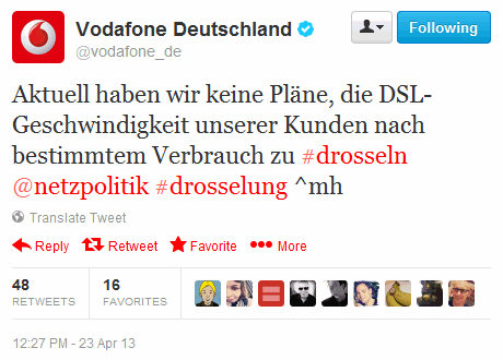 Vodafone Tweet zu angeblich geplanten DSL-Drosselung (Screenshot) Vodafone Tweet zu angeblich geplanten DSL-Drosselung
