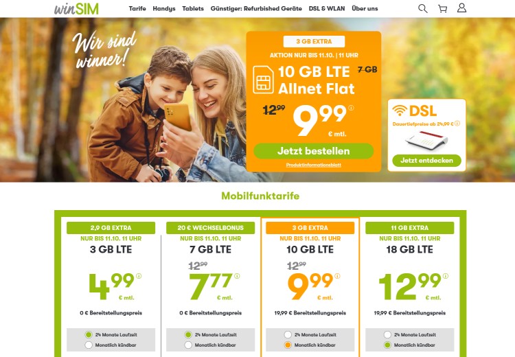 winSIM: LTE All Tarif mit 18 GB für 12,99 Euro