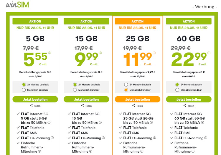 winSIM Allnet Flat 25 GB für 11,99 Euro