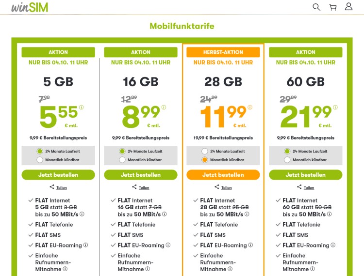 winSIM: LTE All Tarif mit 60 GB für 21,99 Euro