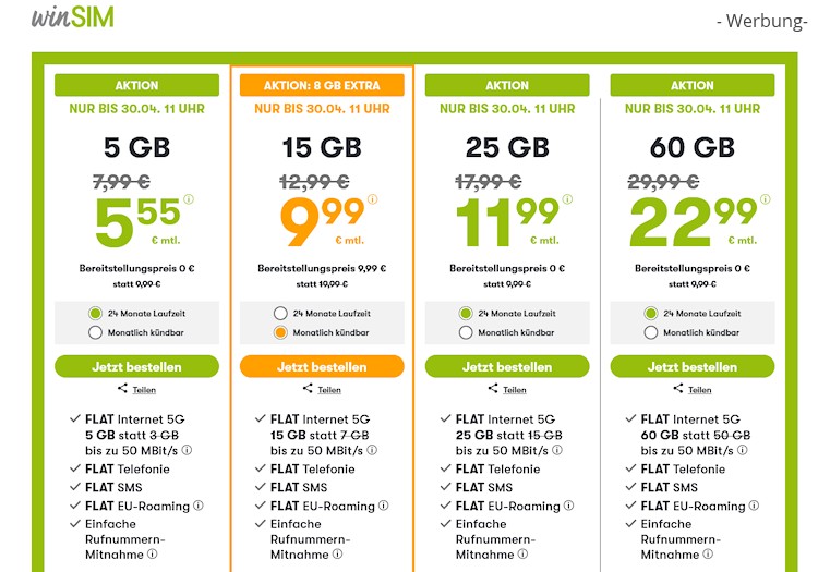 winSIM Allnet Flat 15 GB für 9,99 Euro