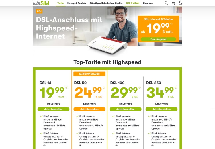 winSIM DSL Anschlüsse ab 19,99 Euro monatlich (Screenshot: winsim.de) winSIM DSL Anschlüsse ab 19,99 Euro monatlich